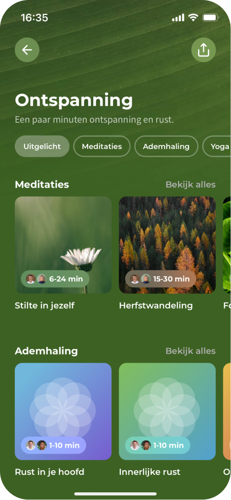 Het scherm Ontspanning in de Meditation Moments-app